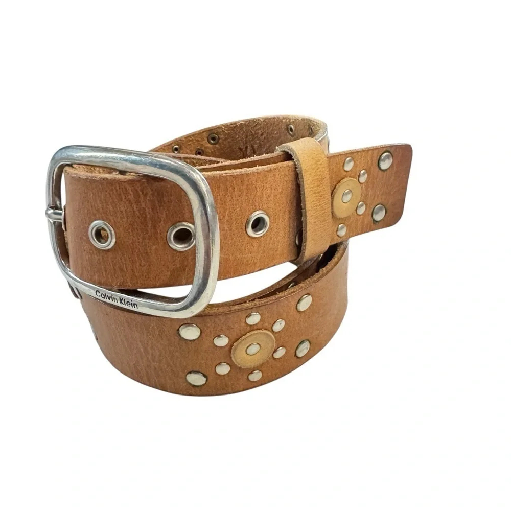 Calvin Klein Studded Leather Belt | Brown Western Boho | Silver Buckle XL